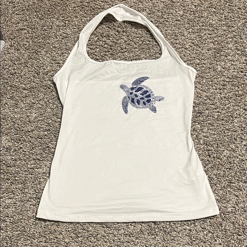 White Halter Top with Turtle Design